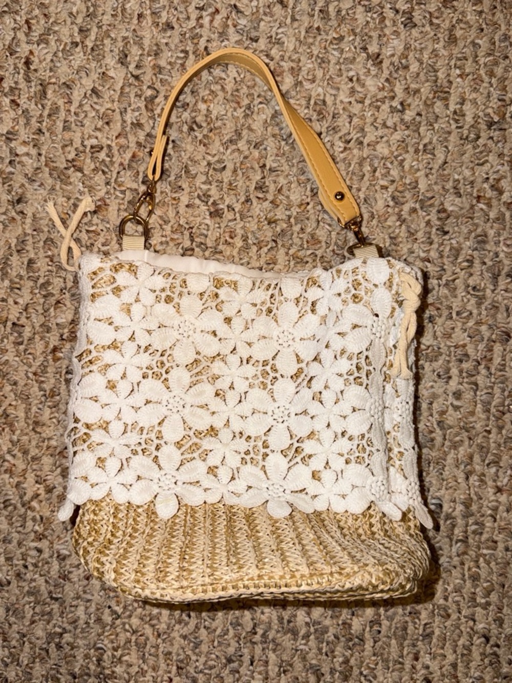 Woven Straw & White Crochet Shoulder Bag - Neutral